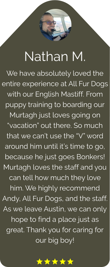 Nathan M. We have absolutely loved the entire experience at All Fur Dogs with our English Mastiff. From puppy training to boarding our Murtagh just loves going on “vacation” out there. So much that we can’t use the “V” word around him until it’s time to go, because he just goes Bonkers! Murtagh loves the staff and you can tell how much they love him. We highly recommend Andy, All Fur Dogs, and the staff. As we leave Austin, we can only hope to find a place just as great. Thank you for caring for our big boy!  